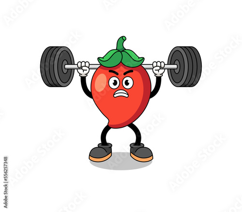 chili pepper mascot cartoon lifting a barbell