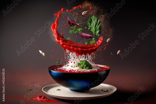 a plate of red soup in flight in the air, borscht, white sauce, garlic cloves, cilantro and peppercorns fly around, photorealistic, professional food promotional photography