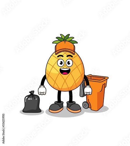 Illustration of pineapple cartoon as a garbage collector