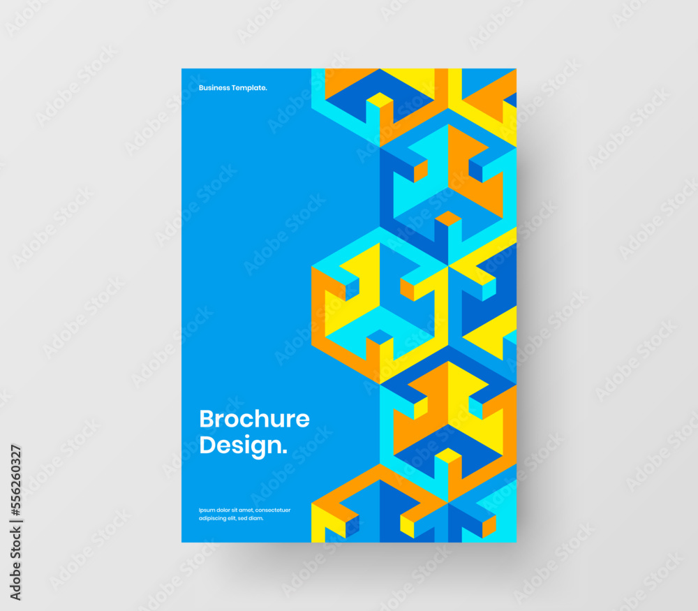 Unique company brochure design vector layout. Vivid geometric pattern handbill illustration.