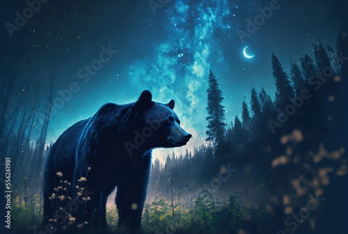 Illustration of a big black bear in national park at night time