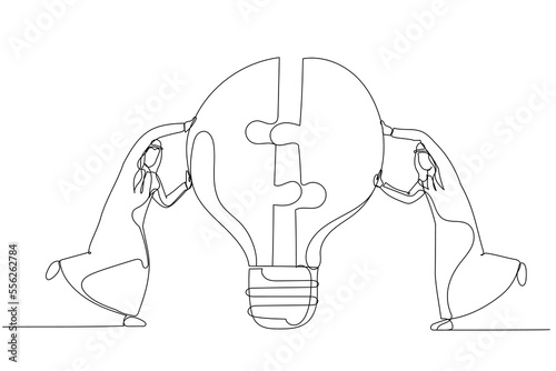 Illustration of arab businessman team members partner connect lightbulb jigsaw puzzle together. Teamwork or partnership. Single line art style