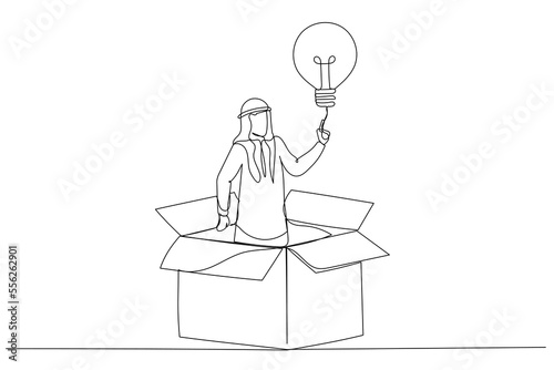 Drawing of arab businessman get out of paper box with new illumination lightbulb idea. Think outside the box. Continuous line art