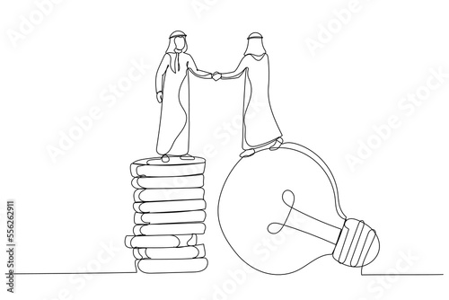 Cartoon of arab businessman standing on lightbulb idea lamp shaking hands. Idea pitching. One line style art