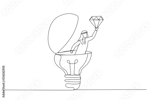 Cartoon of arab businessman discover valuable priceless diamond from bright lightbulb idea. Business value. One continuous line art style