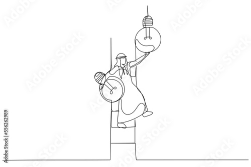 Illustration of arab businessman leader climb up ladder to change lightbulb idea. Change to new innovation. Single line art style