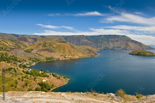 West coast of lake Toba with mountains in the background, North Sumatra, Indonesia