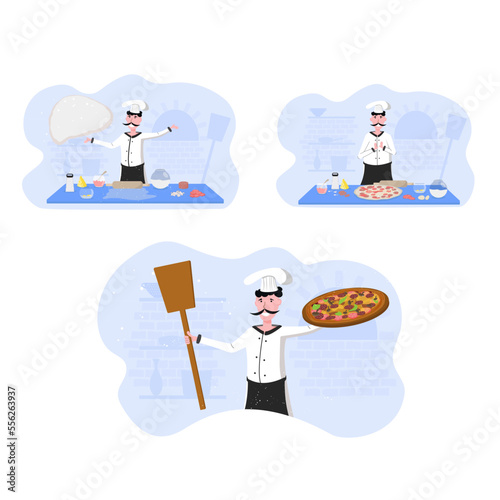 Cooking pizza in the kitchen of a restaurant or pizzeria. Tosses the dough and makes a pizza shape. Decorates pizza with ingredients. Vector illustration