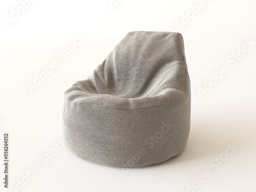 Grey bean bag isolated on white background with nobody. Flexible and adjustable textile seat beanbag. Simple decor minimal object. Colored armchair bag on a white studio background.  photo