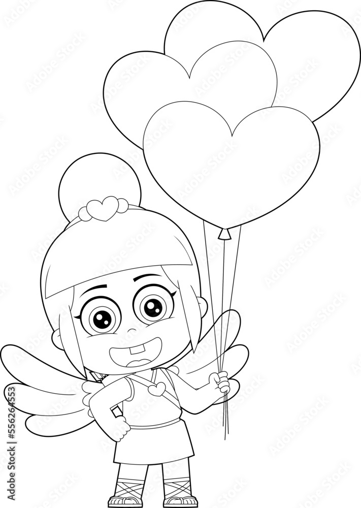 Outlined Female Chibi Cupid Baby Cartoon Character With Heart Balloons. Vector Hand Drawn Illustration Isolated On Transparent Background Outlined Female Chibi Cupid Baby Cartoon Character With Heart Balloons. Vector Hand Drawn Illustration Isolated On Transparent Background