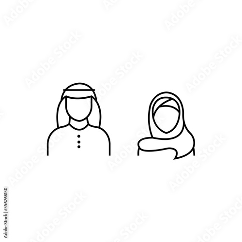Saudi People line icon. Man and Woman in traditional Muslim shemakh head scarf. Arab couple outline shape. Vector illustration editable stroke
