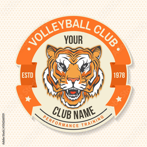 Volleyball club logo, patch. Vector illustration. For college league sport club emblem, sign, logo. Vintage shirt, label, sticker, patch with tiger face silhouettes.