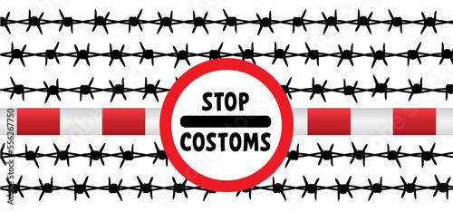 Cartoon slogan stop customs in a old zoll douane signboard. Vector barrier gate sign, Border and customs control. For tourism, refugees, immigrant or migrant workers in to the country. customs office