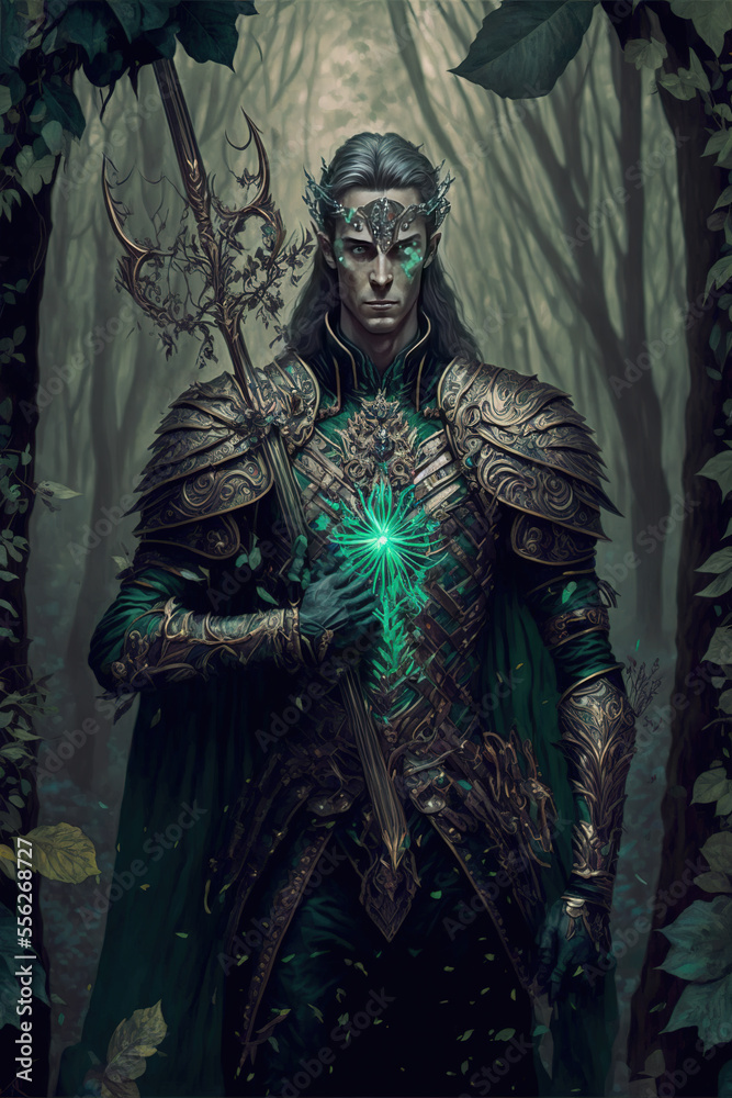 dark fantasy, lone elf, dark forest, horror, demons, art illustration