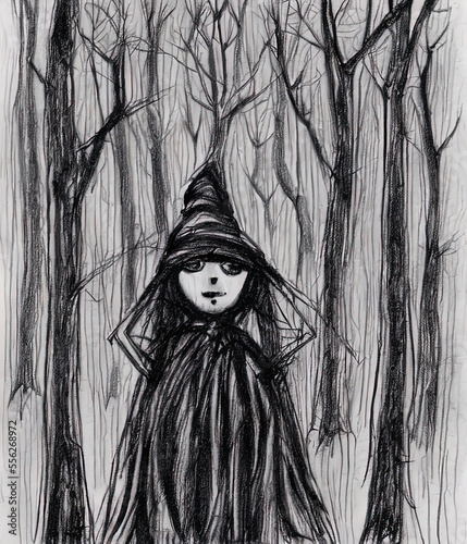 Witch in the Forest Sketch created with Generative AI Technology