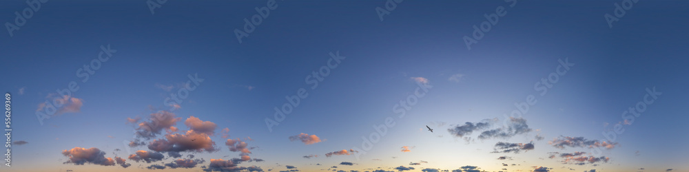 Dark blue twilight sky panorama with Cumulus clouds. Seamless hdr 360 panorama in spherical equiangular format. Full zenith or sky dome for 3D visualization, sky replacement for aerial drone panoramas