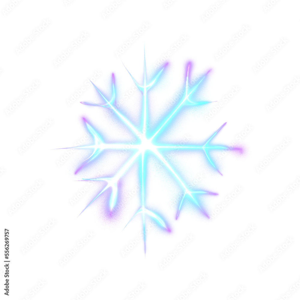 Blue glowing transparent snowflake, isolated icon. Merry Christmas and Happy New Year. Simple neon light. Shining winter, xmas lamp. Fluorescent, luminescent illumination. Png