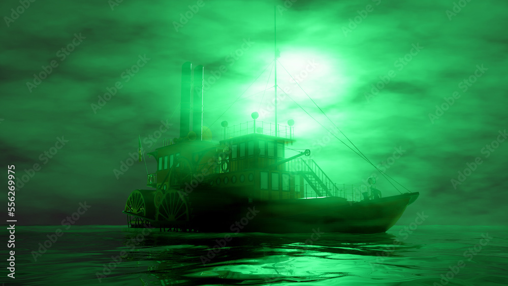 steamship sailing in the fog in green lighting