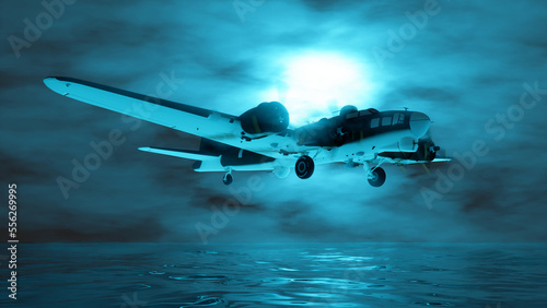 propeller plane flying in the fog in blue lighting © zeleniy9