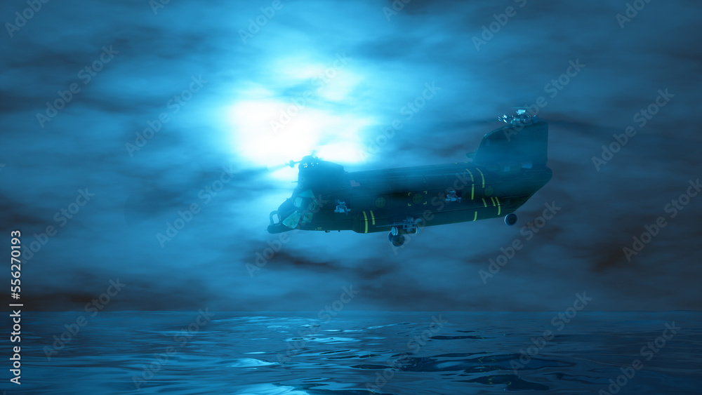 helicopter flying in the fog in blue lighting helicopter flying in the fog in blue lighting