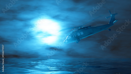 helicopter flying in the fog in blue lighting