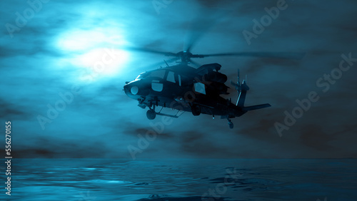 Fototapeta Naklejka Na Ścianę i Meble -  helicopter flying in the fog in blue lighting