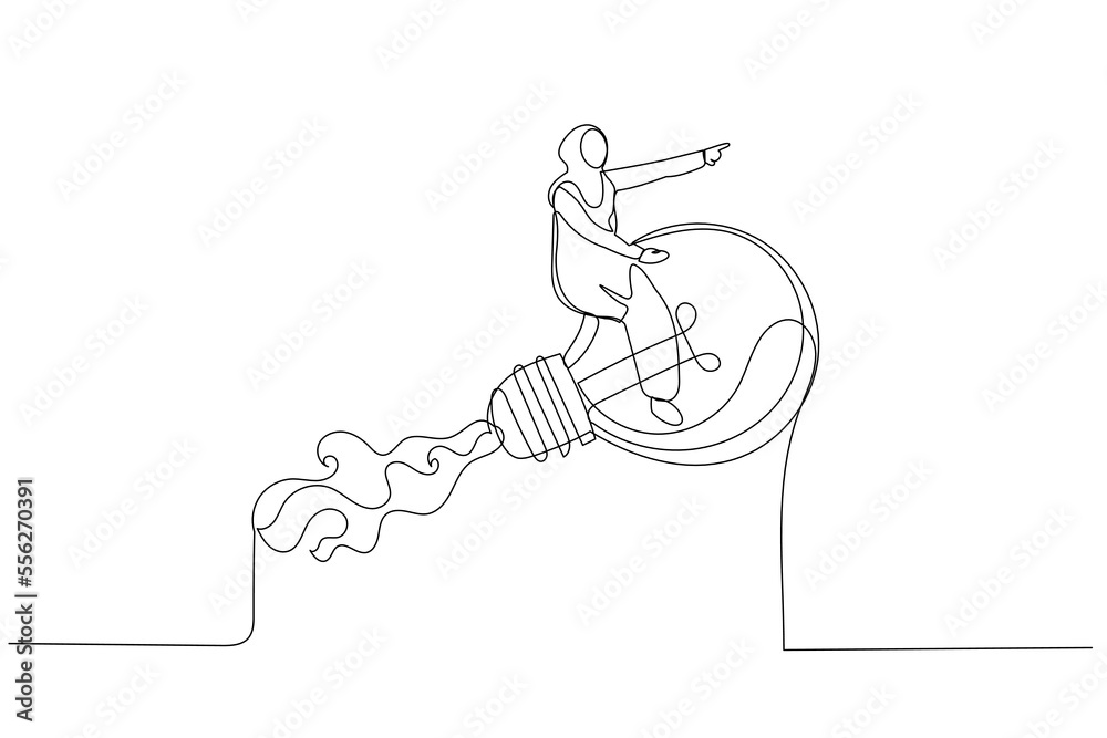 Fototapeta premium Cartoon of muslim businesswoman leader riding flying bright lightbulb lamp with rocket booster in the cloud sky. Creative new idea. Single line art style