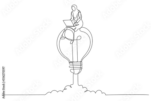 Illustration of muslim businesswoman working on a soaring light bulb rocket. Working with creativity. Continuous line art