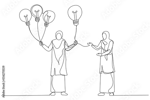 Drawing of muslim businesswoman giving lightbulb idea to young employee. Mentor give an advice. Single continuous line art style