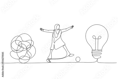 Cartoon of smart muslim businesswoman walking away from mess chaos line to simple lightbulb idea. Simplify idea. Single continuous line art style