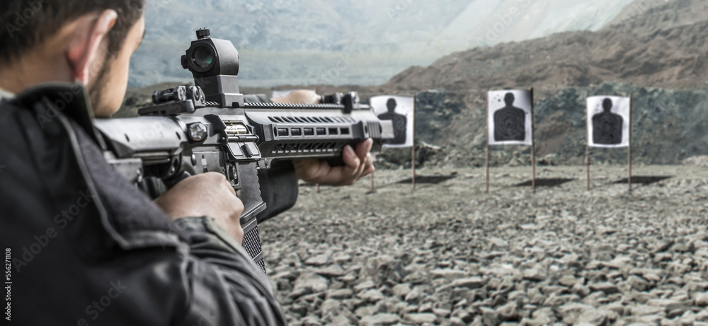 Military soldier shooter aiming ar assault rifle weapon at outdoor academy  shooting range Stock-Foto | Adobe Stock