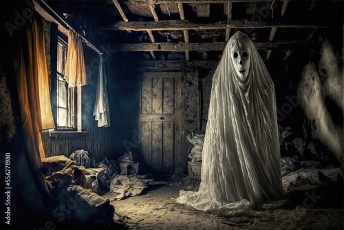 Creepy abandoned haunted house with spooky white cloth ghost, terrifying evil paranormal apparition.