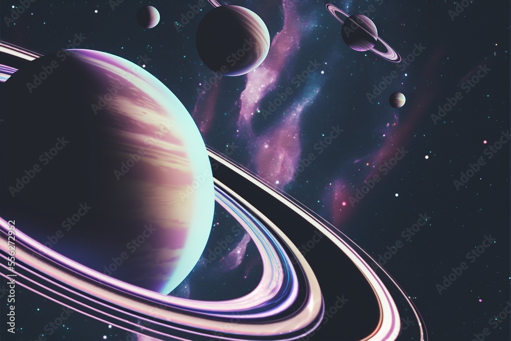 Glowing planet Outer space with rings like Saturn. generative ai Stock ...