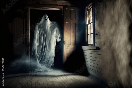 Creepy abandoned haunted house with spooky white cloth ghost, terrifying evil paranormal apparition. 