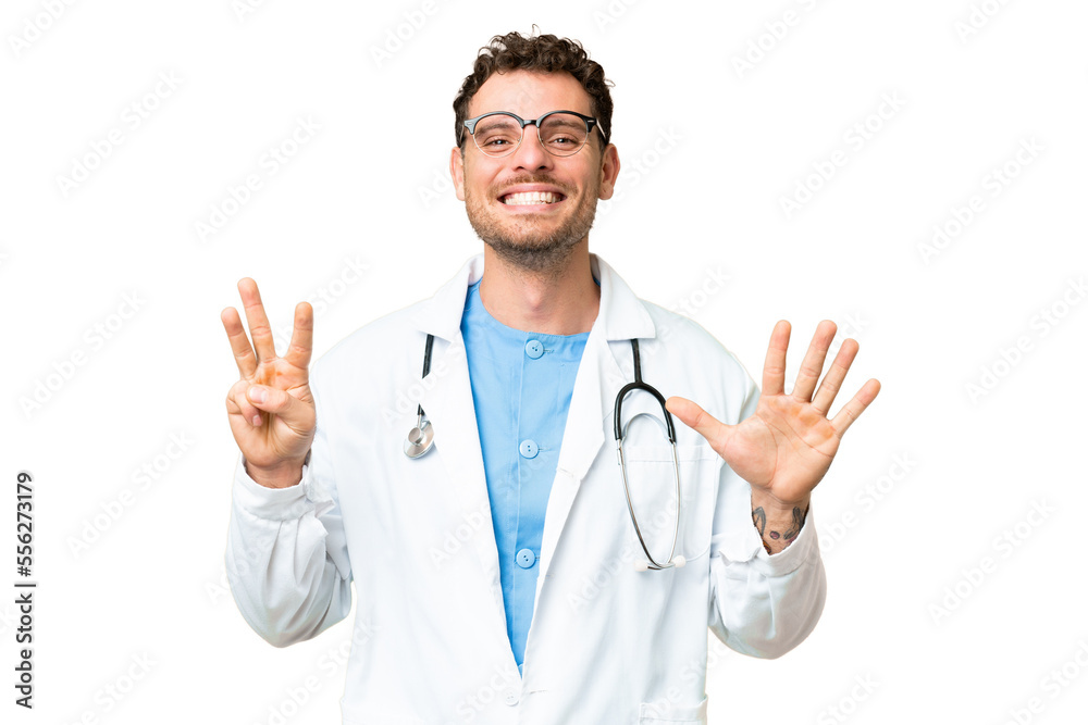 Brazilian doctor man over isolated chroma key background counting eight with fingers Brazilian doctor man over isolated chroma key background counting eight with fingers