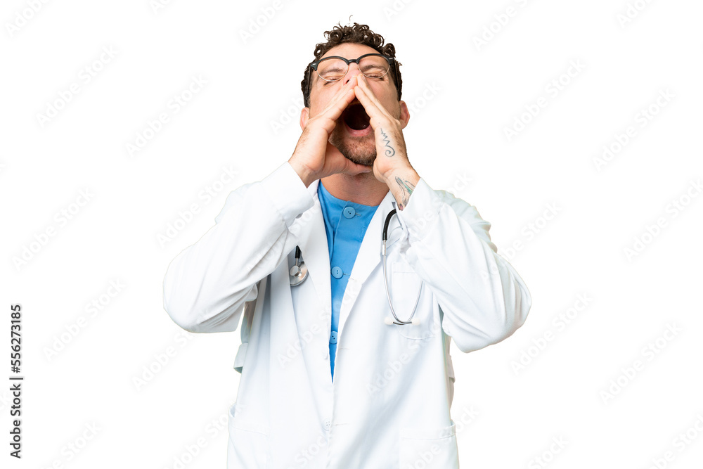 Brazilian doctor man over isolated chroma key background shouting and announcing something Brazilian doctor man over isolated chroma key background shouting and announcing something