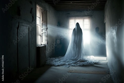 Creepy abandoned haunted house with spooky white cloth ghost, terrifying evil paranormal apparition.   photo