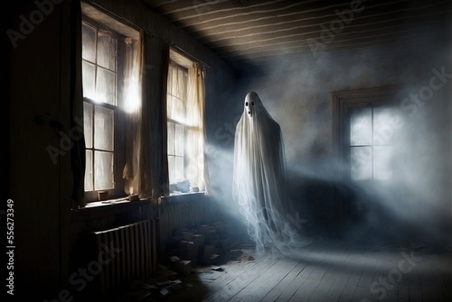 Creepy abandoned haunted house with spooky white cloth ghost  terrifying evil paranormal apparition.  