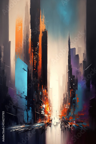 Abstract city skyline oil painting. AI