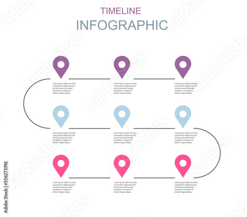 Timeline infographic template with 9 pointers. Can be used for brochures, business concepts, presentations, web designs, banners, diagrams, workflow, timelines. Vector eps 10