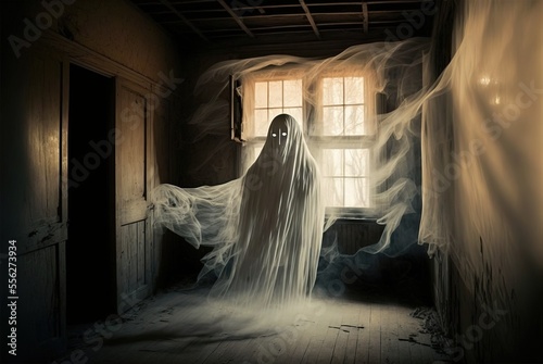 Creepy abandoned haunted house with spooky white cloth ghost, terrifying evil paranormal apparition. 