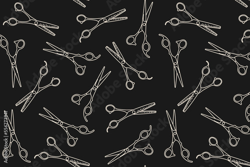doodle pattern with hairdressers, beauty salon background, barbershop advertising banner on black background with white drawings
