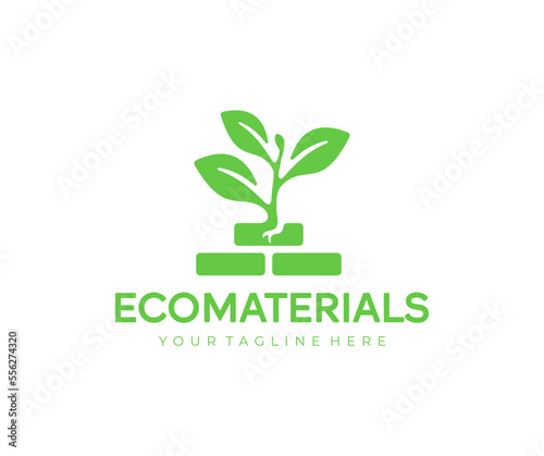 Sprout and brickwork, ecological building material and construction, logo design. Plant, nature, leaf, leaves, construction materials and bricks, vector design and illustration