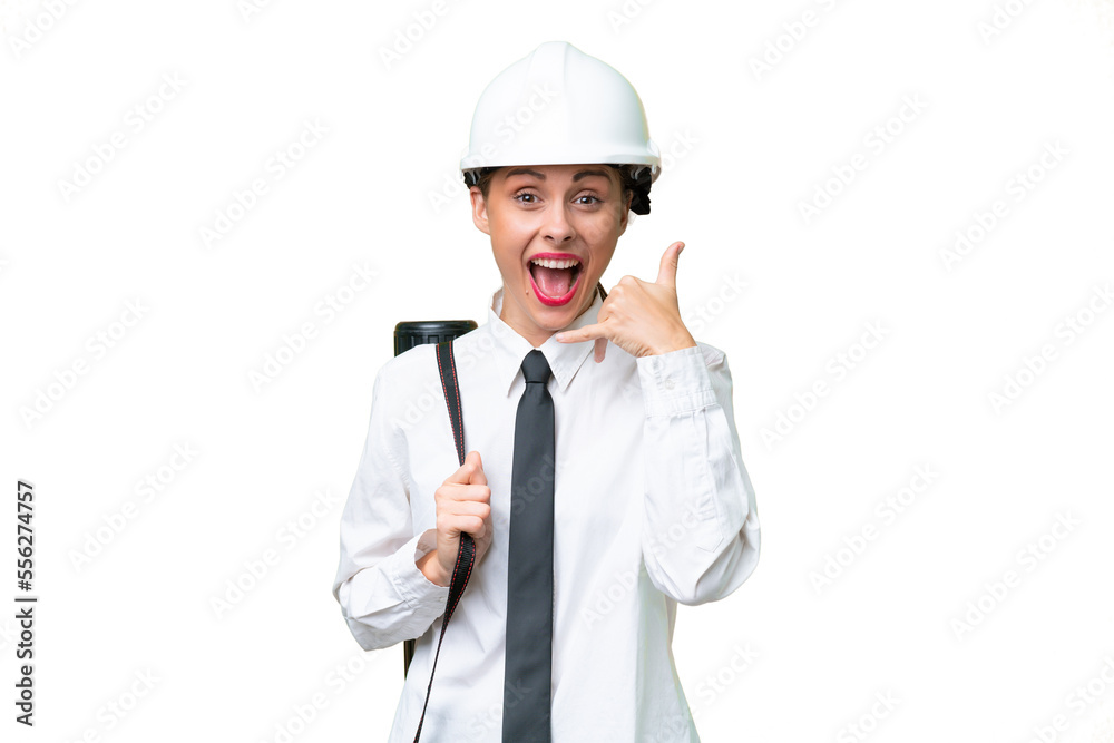 Young architect woman with helmet and holding blueprints over isolated background making phone gesture. Call me back sign Young architect woman with helmet and holding blueprints over isolated background making phone gesture. Call me back sign