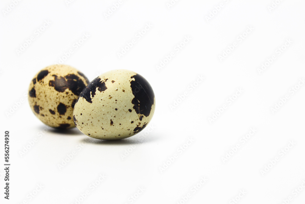Quail Eggs Kissing Each Other, Pareidolia Effect on Quail eggs. Right Copy Space. Isolated on White