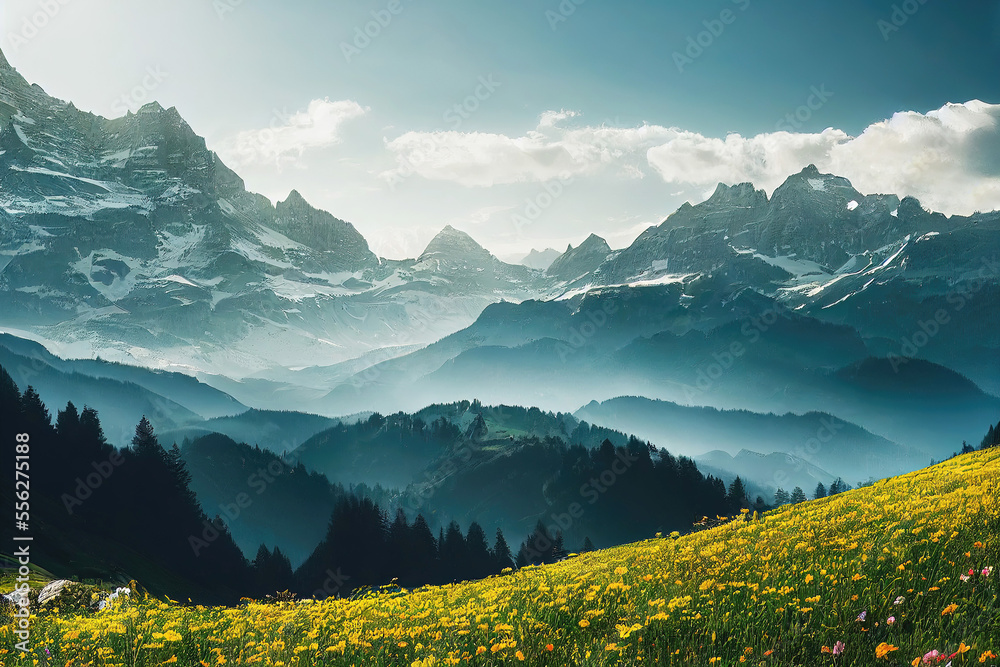 Idyllic alpine mountain landscape with green meadow and forest in summer (Generative AI)