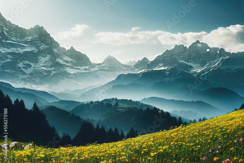 Idyllic alpine mountain landscape with green meadow and forest in summer  Generative AI 