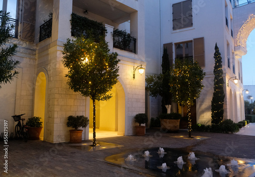 Lemon trees in Christmas decorations in Porto Montegnero marina. New Year mood in cozy town -Tivat.