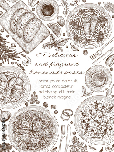 Vector illustration of 4 pastas. Tagliatelle with salmon and broccoli, farfalle with shrimps and asparagus, spaghetti with tomatoes, basil and olives, fettuccine with mussels in engraving style