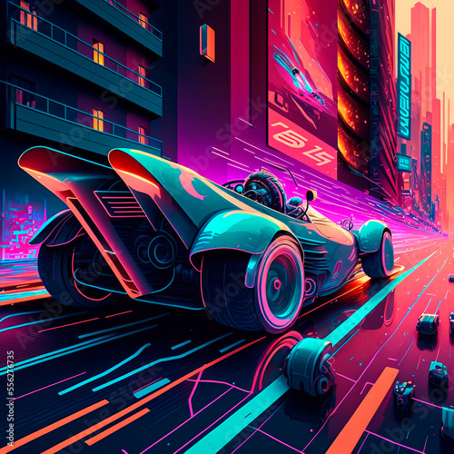 Neon racing car of the future rushes along the roads of the night city. Backlight, neon, isometry. High quality illustration